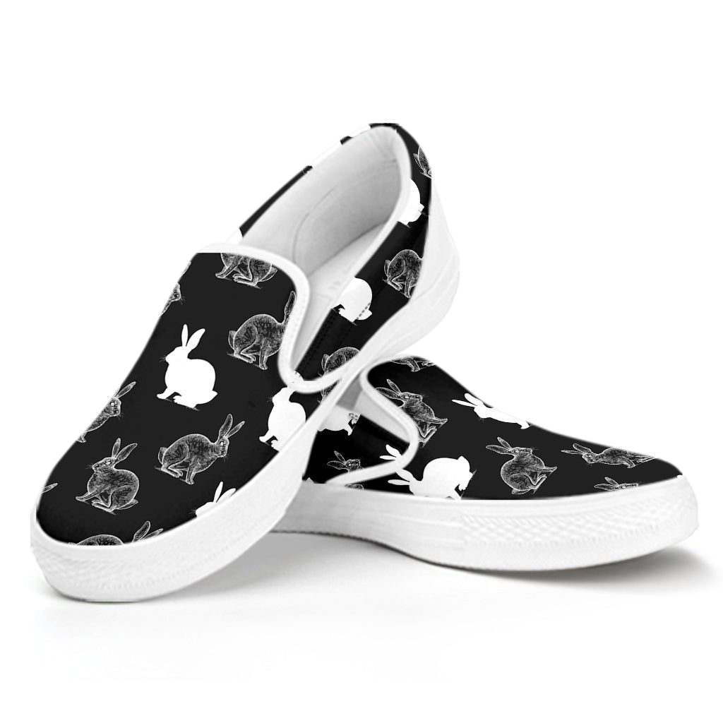 Black And White Rabbit Pattern Print White Slip On Shoes