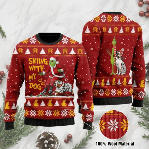 Grinch Skiing With My Dog Border Collie 100% Wool Material Sweater HN041110