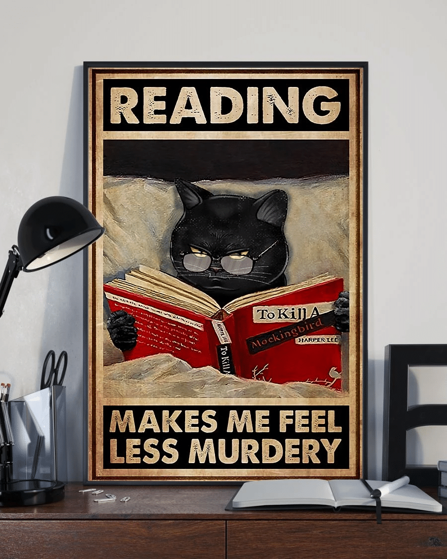 Book Black Cat Poster Canvas – Reading Makes Me Feel Less Murdery Vintage Home Decor Wall Art Evg80374