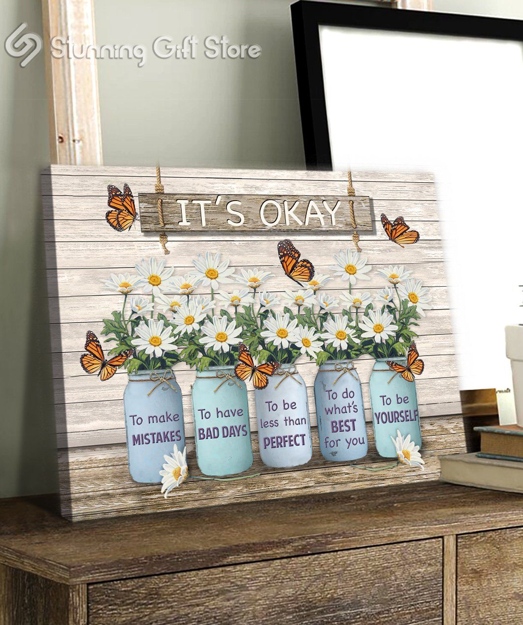 Monarch Butterfly and Daisy Flower Canvas It’s okay to make mistakes Wall Art