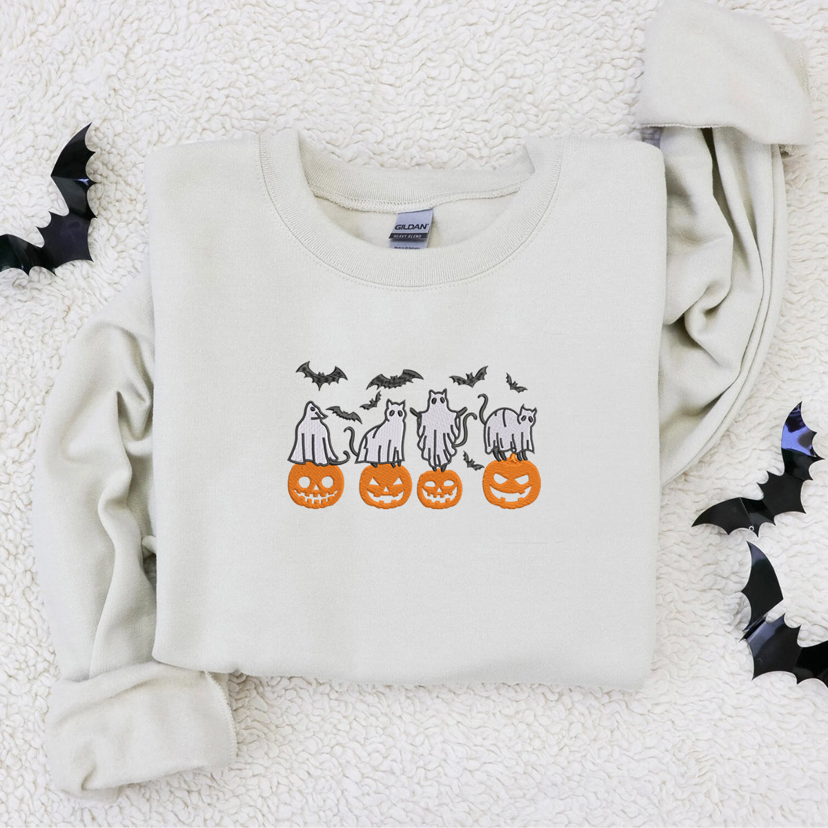 Pumpkin, Bats, Cats Ghost Halloween Embroidered Sweatshirt 2D Crewneck Sweatshirt All Over Print Sweatshirt For Women Sweatshirt For Men Sws3684