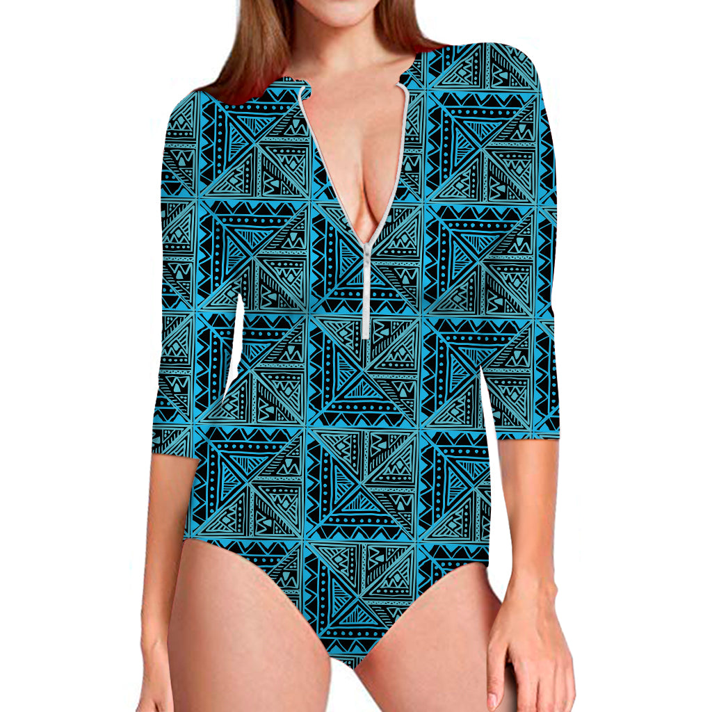 Turquoise African Ethnic Pattern Print Long Sleeve One Piece Swimsuit