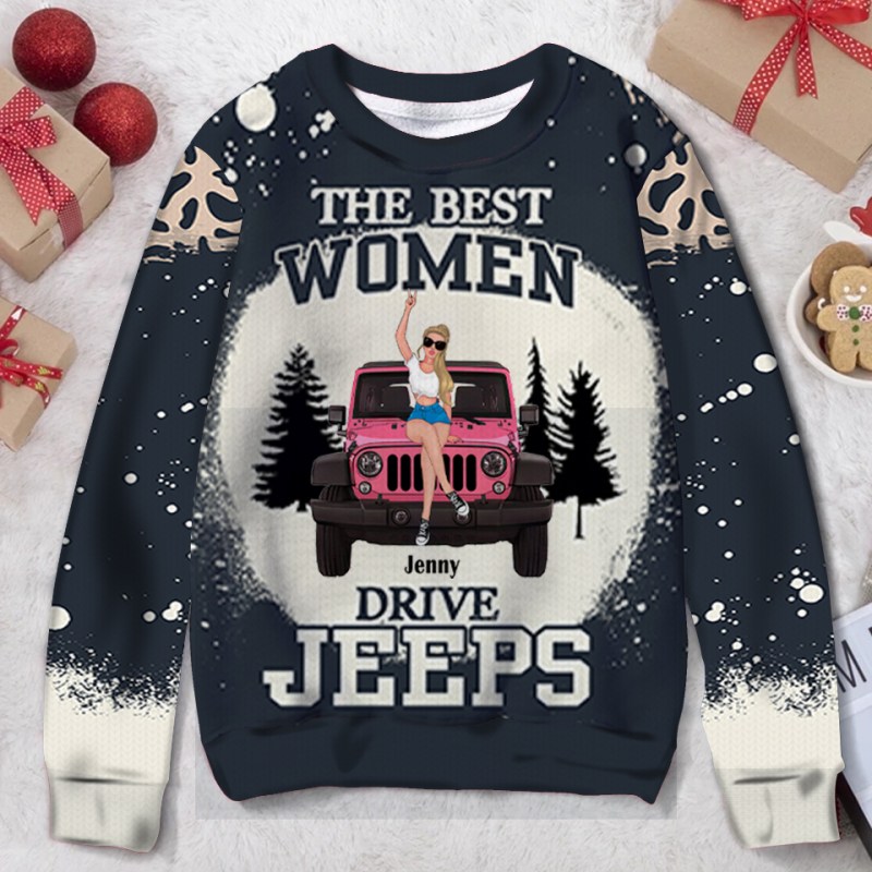 The Best Woman Drive Jeeps Bleached Personalized Ugly Christmas Sweater, Gift For Off-Road Car/ Jeep Lover, Jeep Girl