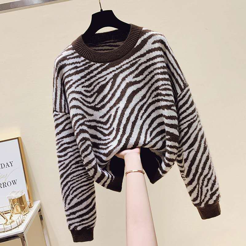 VmewSher New Chic Zebra Stripe Print Women Sweater 2020 Winter Fashion Ladies Jumper O-Neck Female Loose Pullovers Knit Tops alx