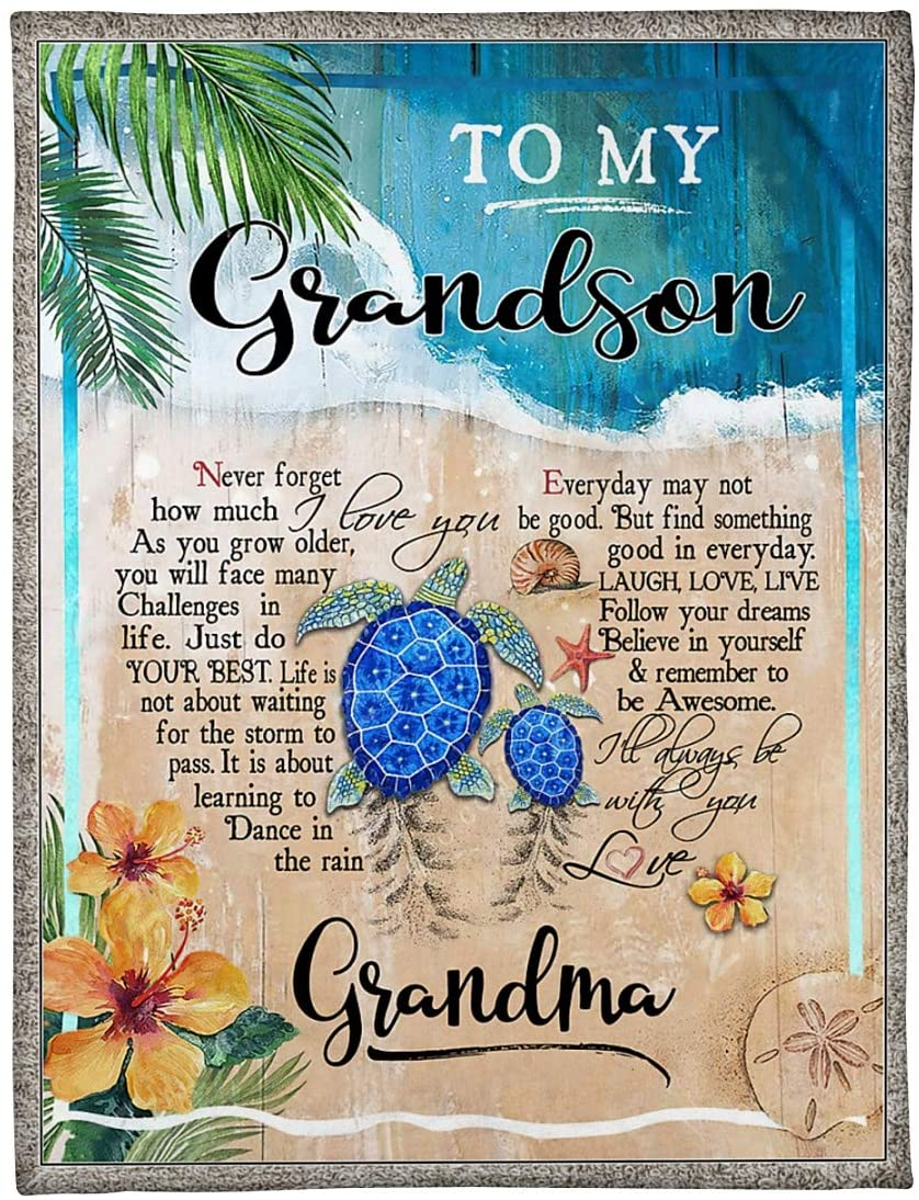 Personalized Fleece Blanket For Grandson Print Sea Turtle Cute Love