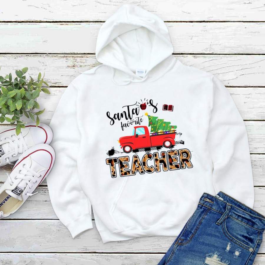 Teacher merry christmas santa’s favorite red truck xmas tree leopard plaid apple white hoodie for men and women S-5XL