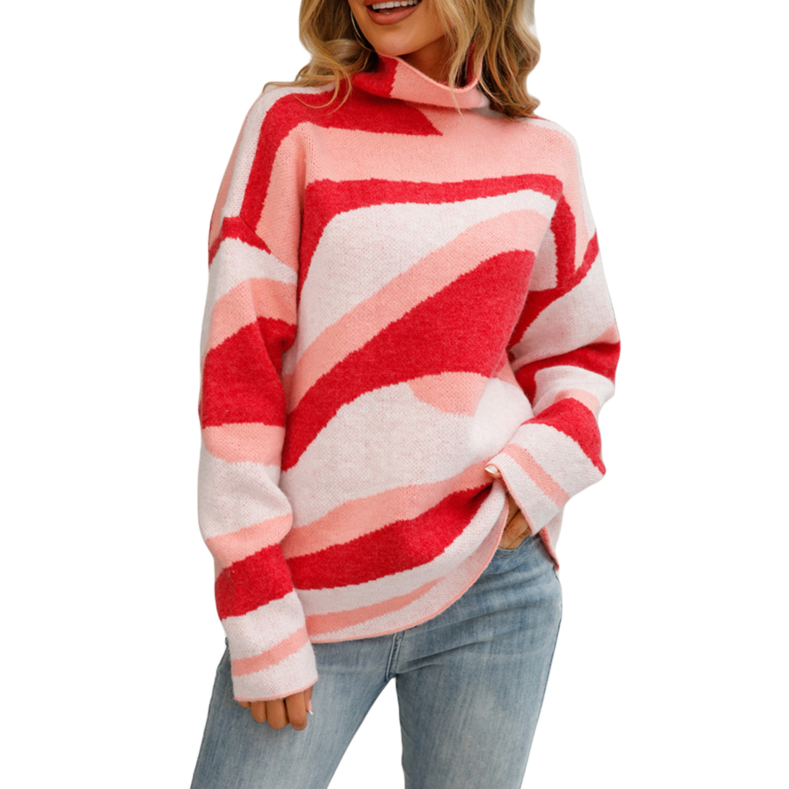 Womens Turtleneck Sweaters Cozy Long Sleeve Fashion Knit Jumper Tops Zebra Striped Print Color Block Knit Pullover Tops alx