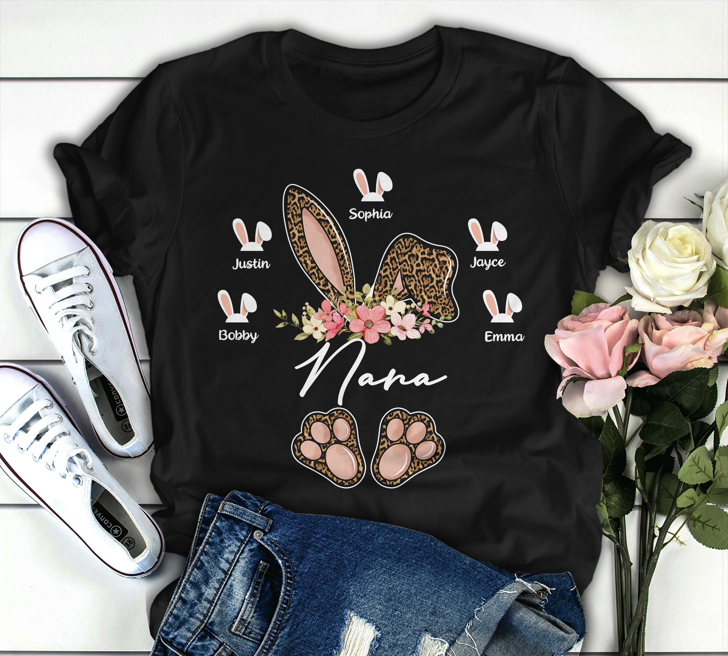 Personalized T-Shirt For Grandma Nana Bunny Floral Leopard Design Custom Grandkids Name Happy Easter Day Shirt