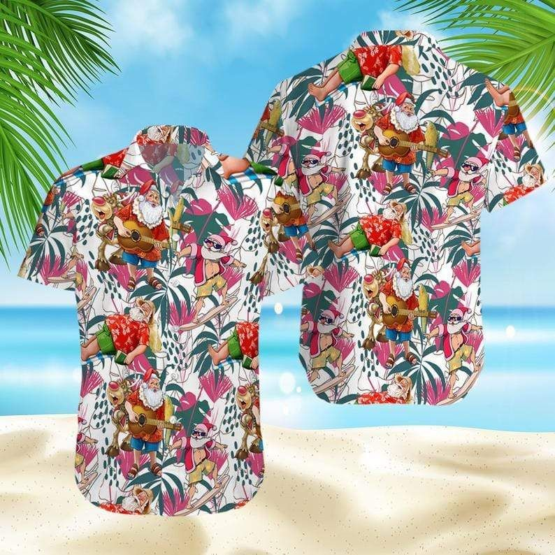 Funny Santa Claus Cute Reindeer Christmas Print Polyester Hawaii Aloha Shirt Ha59421