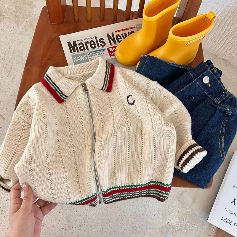 2022 Autumn Children knitted Cardigan Girls letters Embroidery zipper sweaters Kids boy Lapel loose knit coats alx