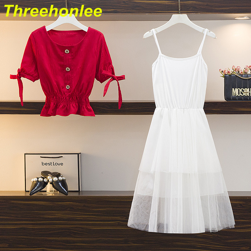 2 Piece Set Summer Dress 2021 Women Lantern Blouse +white Strap Dress Korean Style 2 Pcs Outfits Casual Cute Beachwear Sets alx