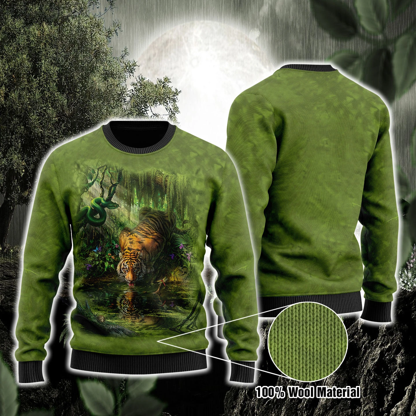 Tiger Lover Enchanted Tiger Green Color Wool Sweater