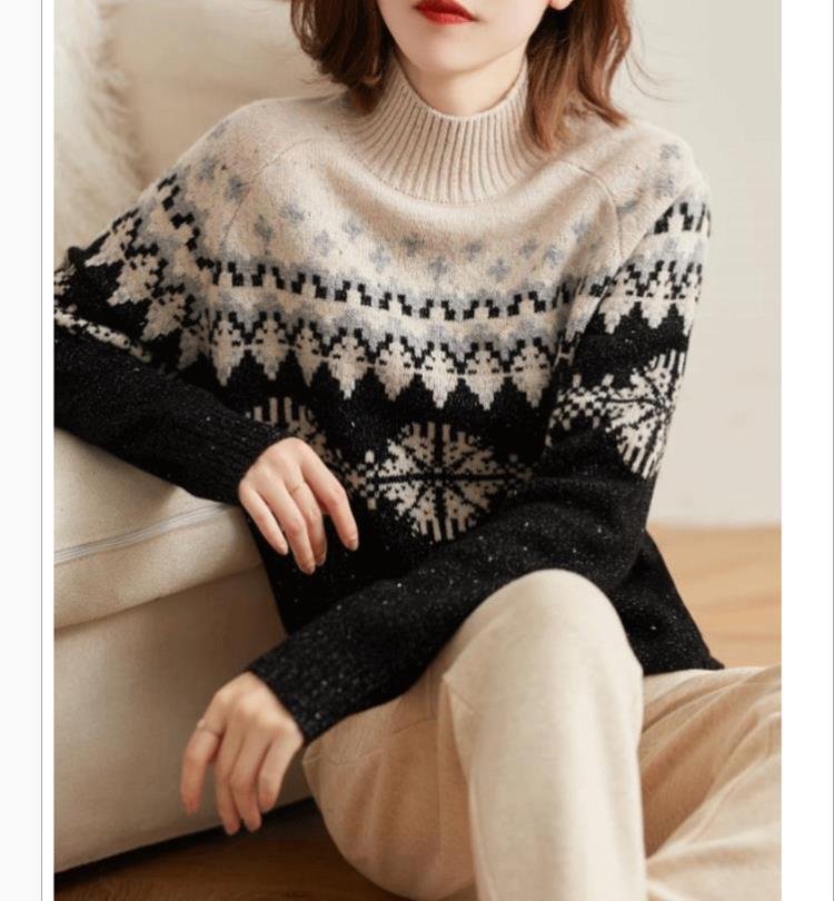 Women’s Oversize Sweater Autumn Winter Half High Collar Knitted Sweaters Full Sleeve Floral Print Soft Elastic Pullover Women alx