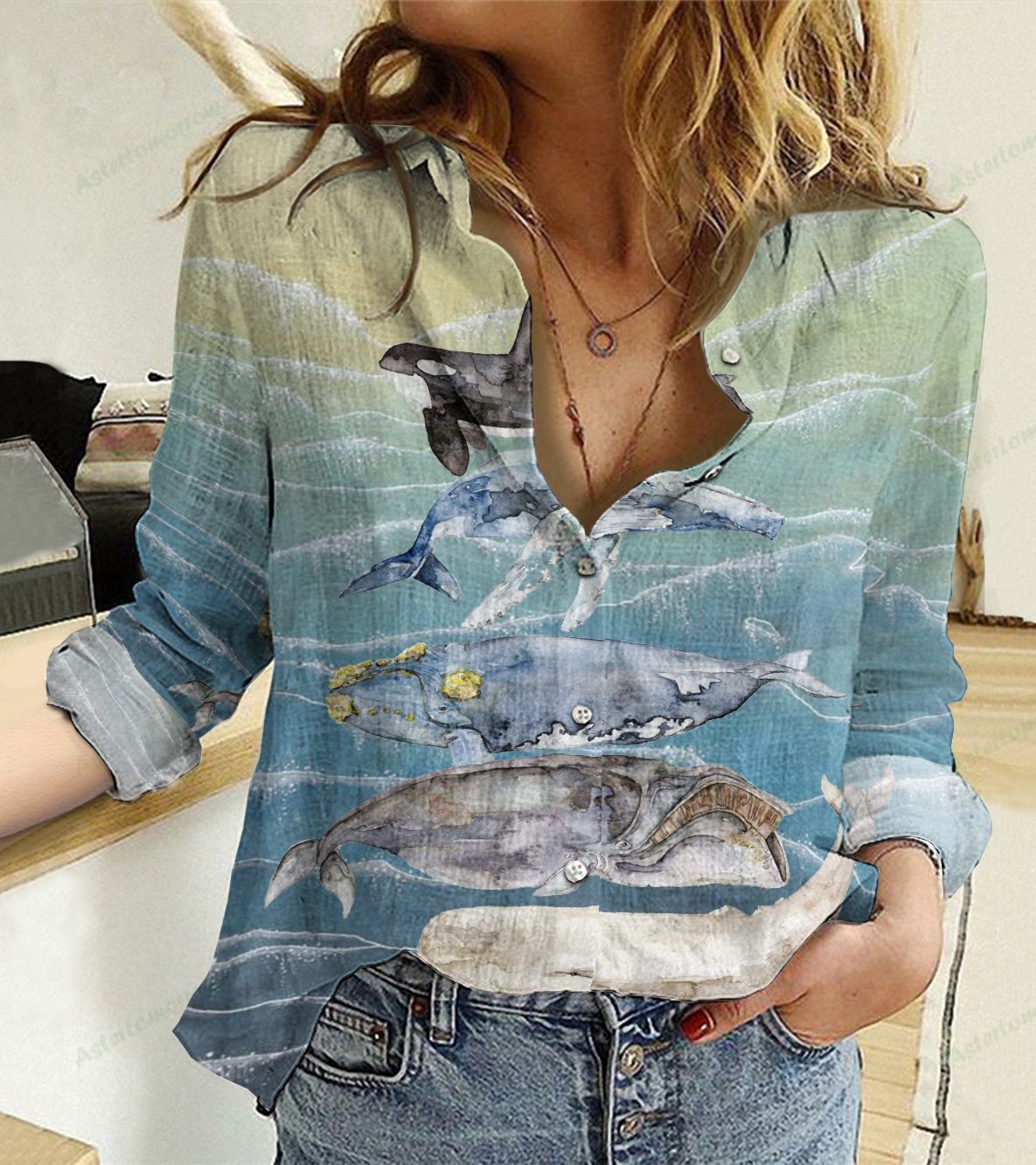 Ocean Life Cotton And Linen Casual Shirt, Watercolor Whales Linen Shirt