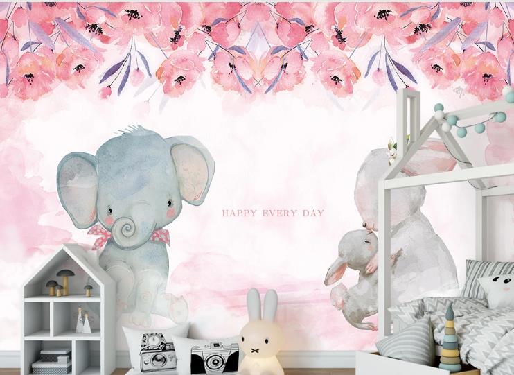 3D Watercolor Pink Floral Animal Elephant Wall Mural Wallpaper Lqh 189