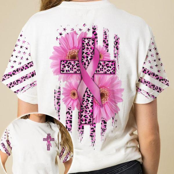 Pink Ribbon Leopard Cross And Daisy Flower Amercian Flag Breast Cancer 3D Clothes