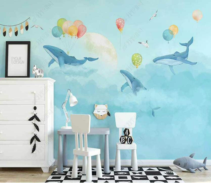 3D Watercolor Blue Sea Dolphin Balloon Wall Mural Wallpaper Lqh 135