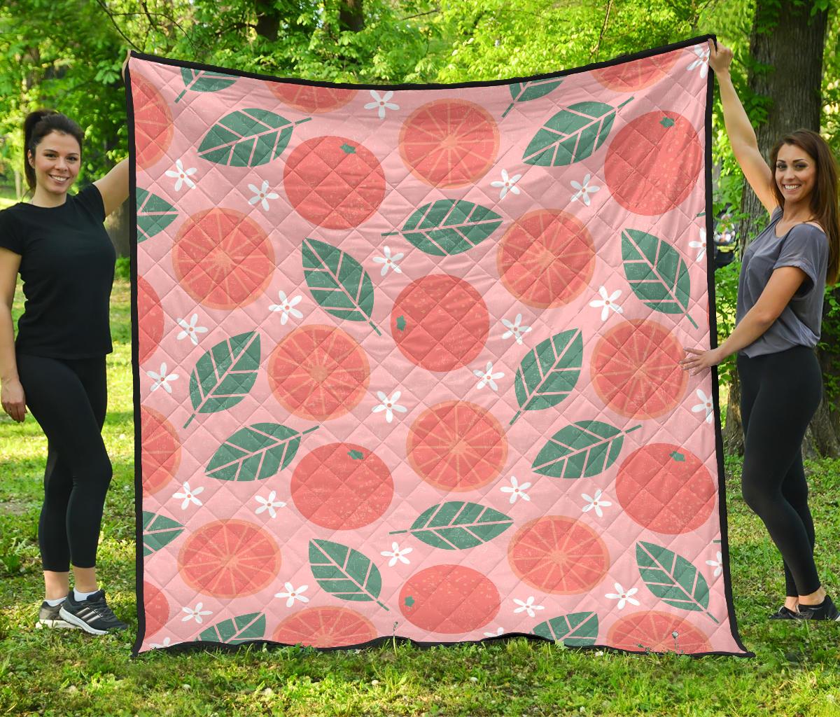 Grapefruit Leaves Flower Pink Background Premium Quilt