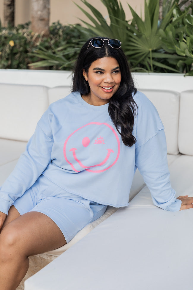 Sunny Smiley Periwinkle Cropped Graphic Sweatshirt