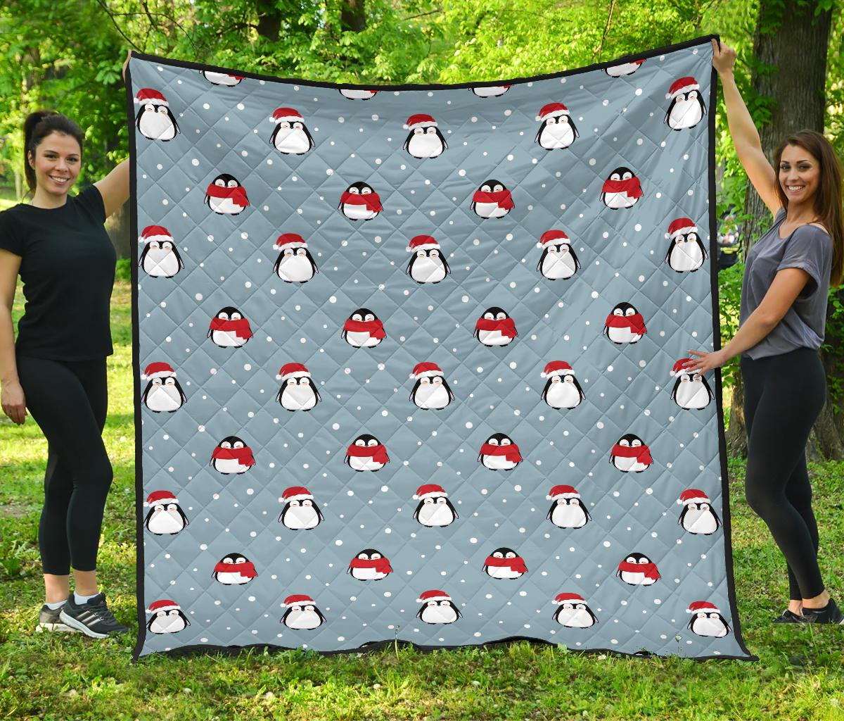 Cute Penguin Christmas Snow Pattern Premium Quilt