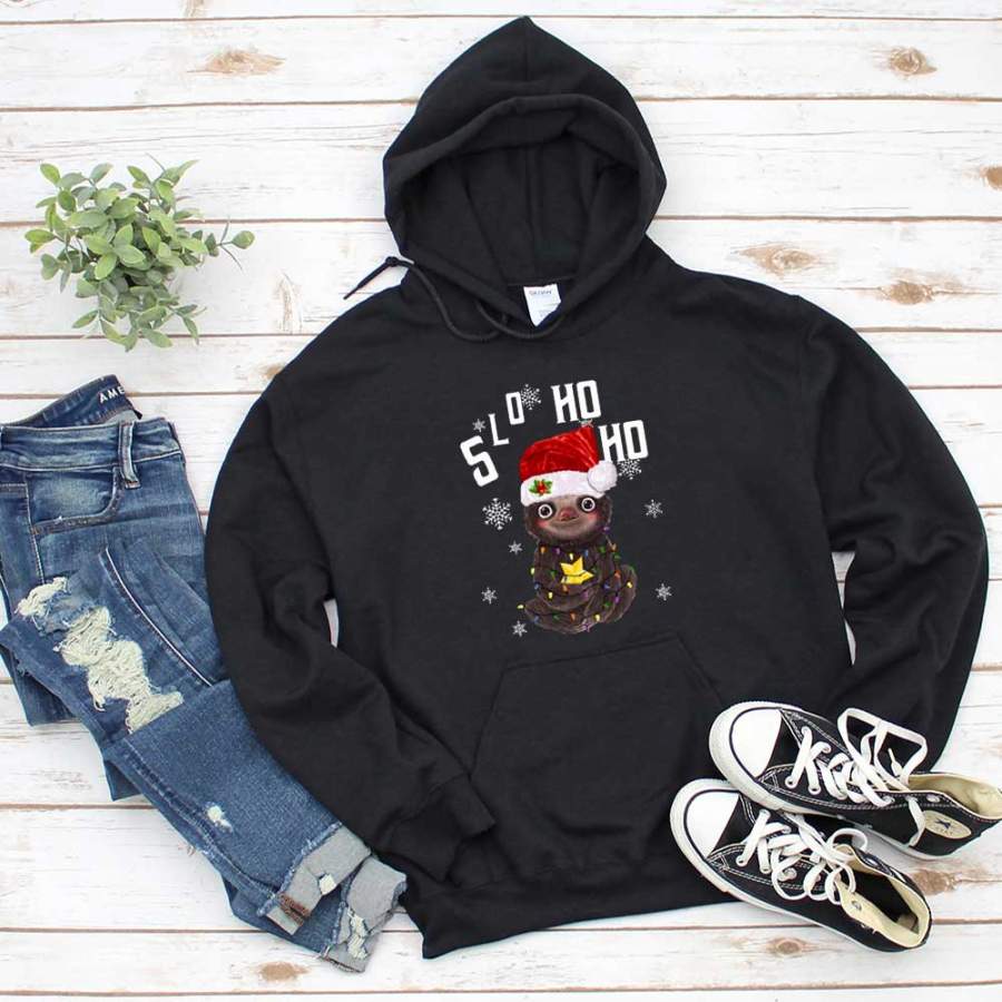 Sloth merry christmas slo ho ho light around snowflakes santa hat black hoodie for men and women S-5XL