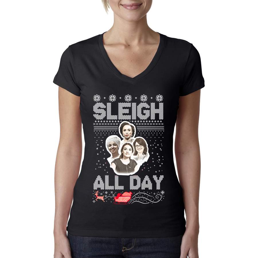 AOC The Squad Congresswomen Sleigh All Day Xmas Ugly Christmas Sweater Womens Junior Fit V-Neck Tee