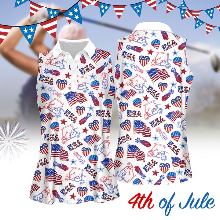 4Th Of July Pattern Women Golf Apprarel, Women Short Sleeve Polo Shirt, Sleeveless Polo Shirt