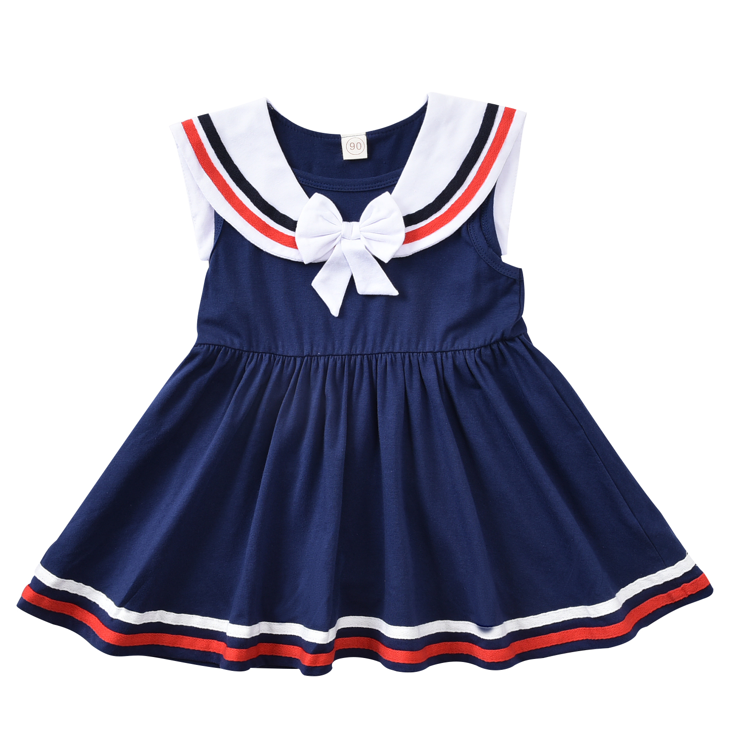 1 2 3 4 5 6 Years Little Girl Sailor Collar Bowknot Dress Summer Cotton School Navy White Dresses for Girls Baby Toddler Clothes alx