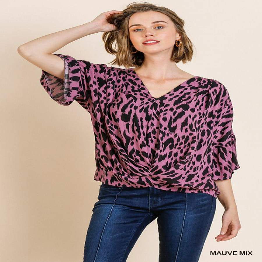 Animal Print Bell Sleeve V-Neck Top