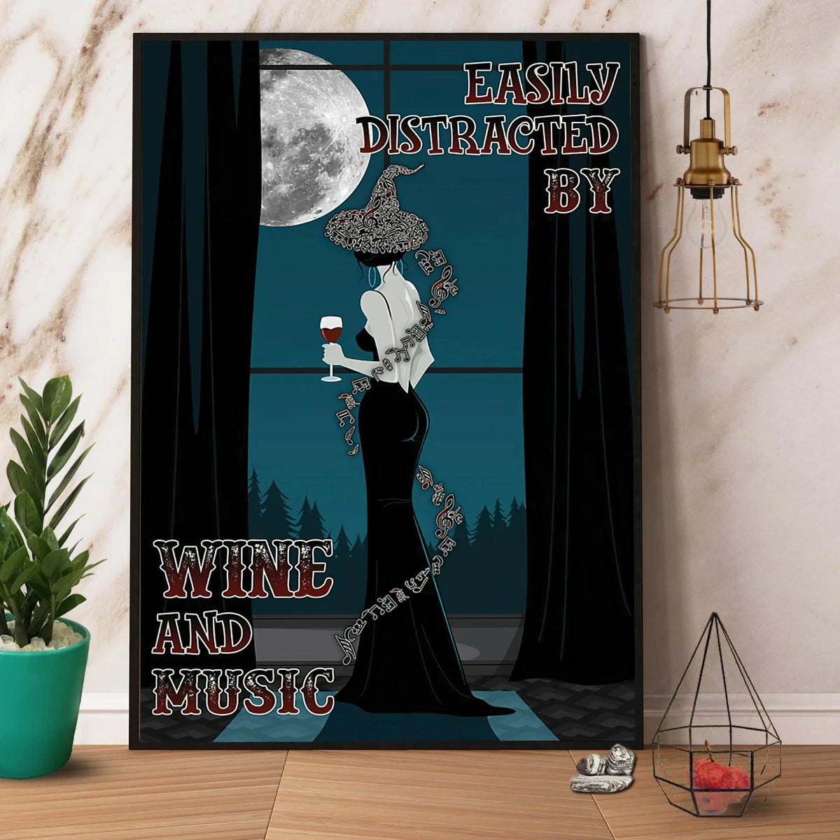 Witch Easily Distracted By Wine And Music Halloween Canvas Prints Poster Wall Art Decor