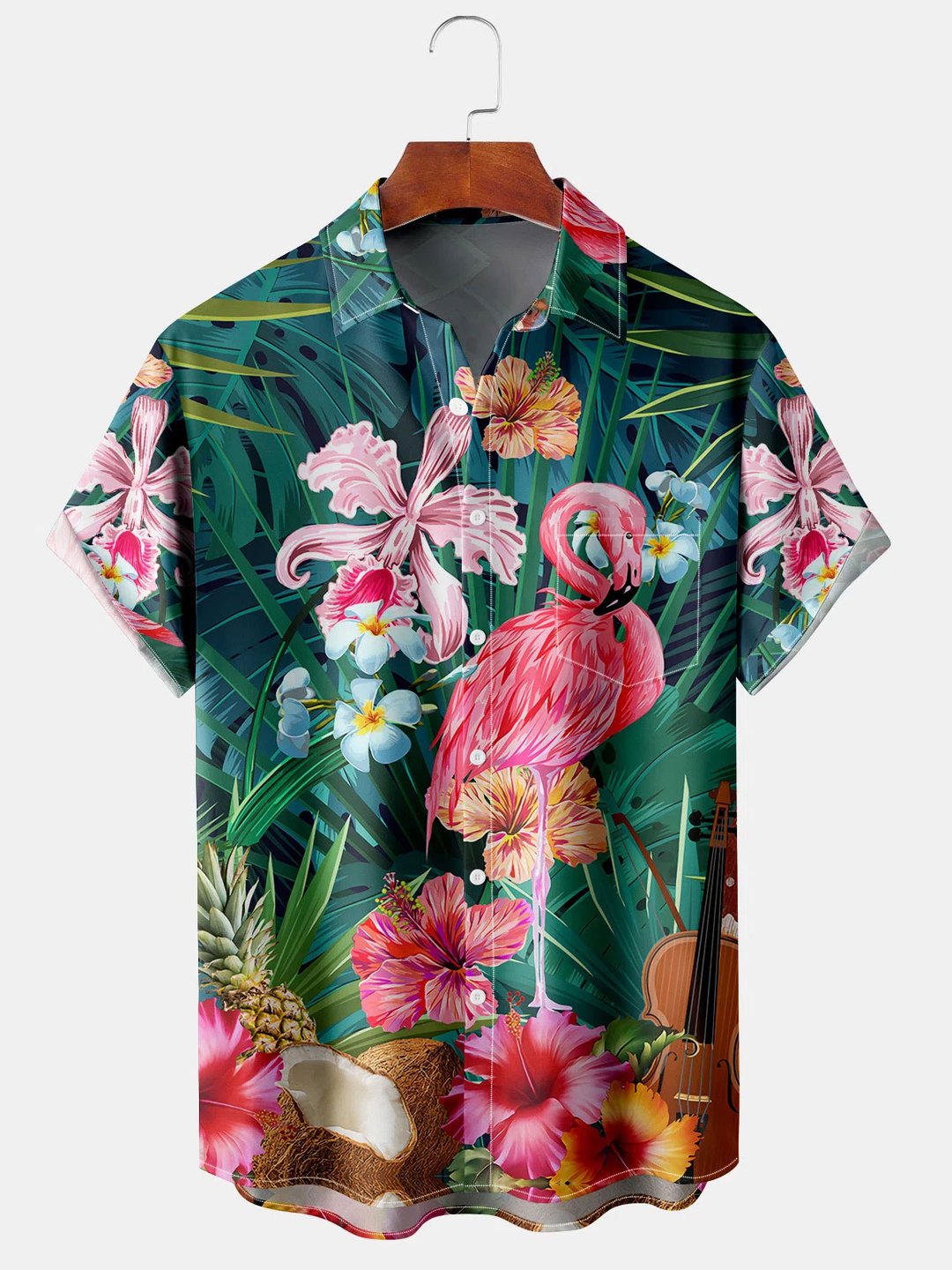 Flamingo Print Casual Breathable Hawaii Short Sleeve Shirt Ha67147