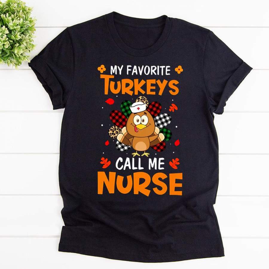 Thanksgiving 2020 my favorite turkeys call me nurse leopard plaid nurse black cotton t shirt for men and women S-6XL