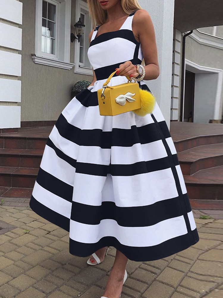 Women Sleeveless Robe 2022 Summer French Elegant Satin Maxi Dress ZANZEA Striped Print Tank Dresses Fahion Swing A Line Vestidos alx