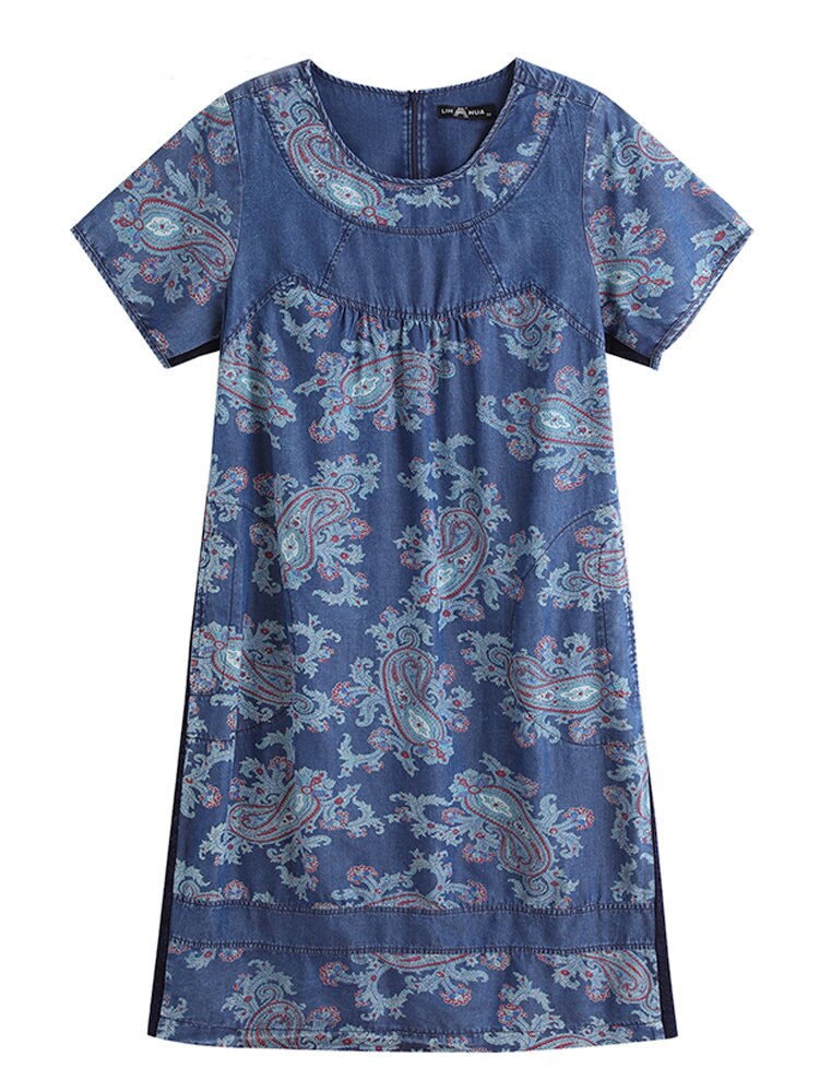 LIH HUA Women’s Plus Size Denim Dress Summer Casual Cotton Print Short Sleeve Round Neck Dress alx