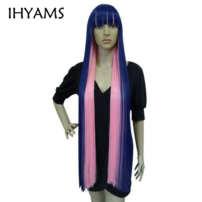 100cm Long Straight Blue Mix Pink Flat Bangs High Temperature Fiber Synthetic Hair Panty Stocking Cosplay Wigs + Wig Cap alx