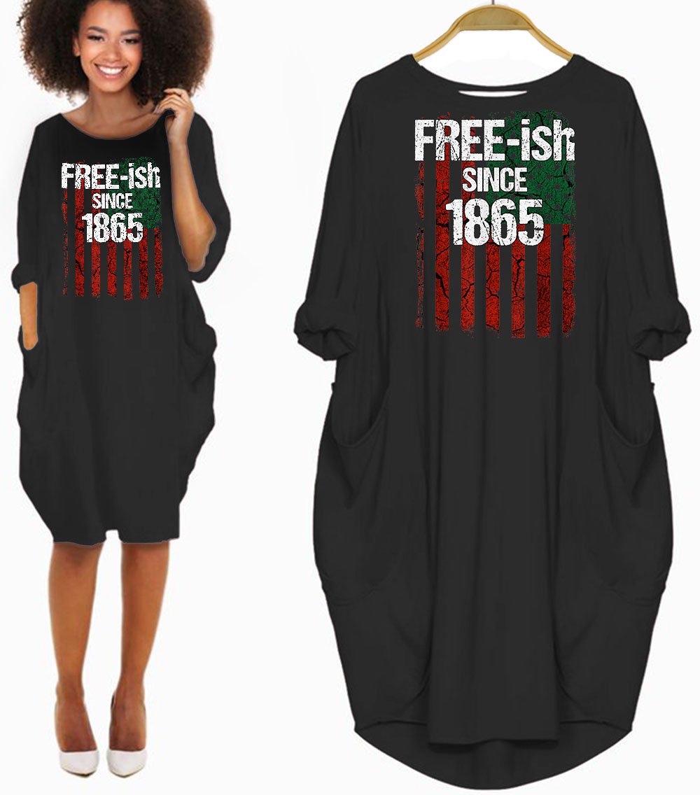 African Dresses Free-Ish Since 1865 Juneteenth Day Flag Black Pride Beautiful African American Female Long Sleeve Pocket Dress Afrocentric Clothing