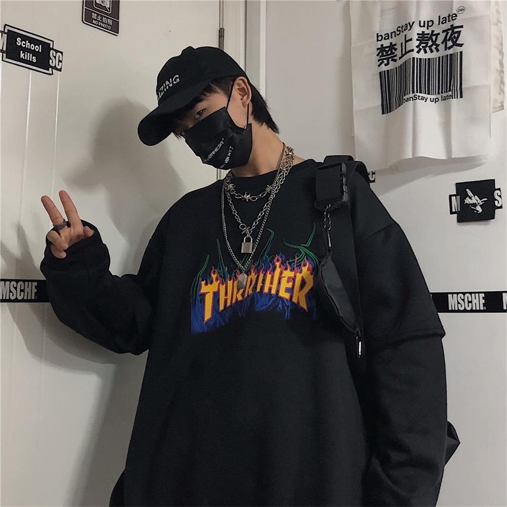 Vintage Flame Embroid Sweatshirts Women Harajuku Streetwear Casual Long Sleeve Crewneck Oversized Fashion Hoodie Korean Girls alx