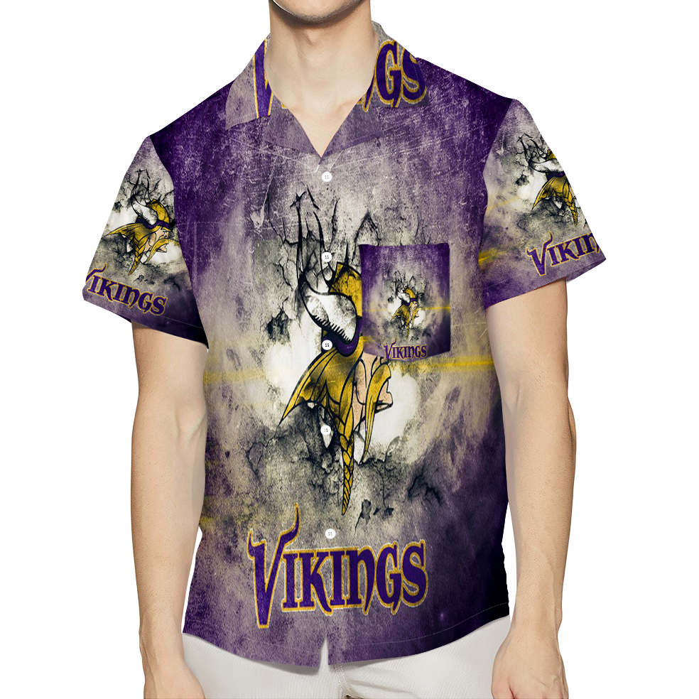 Minnesota Vikings Emblem Vintage Wall 3D All Over Print Summer Beach Hawaiian Shirt With Pocket