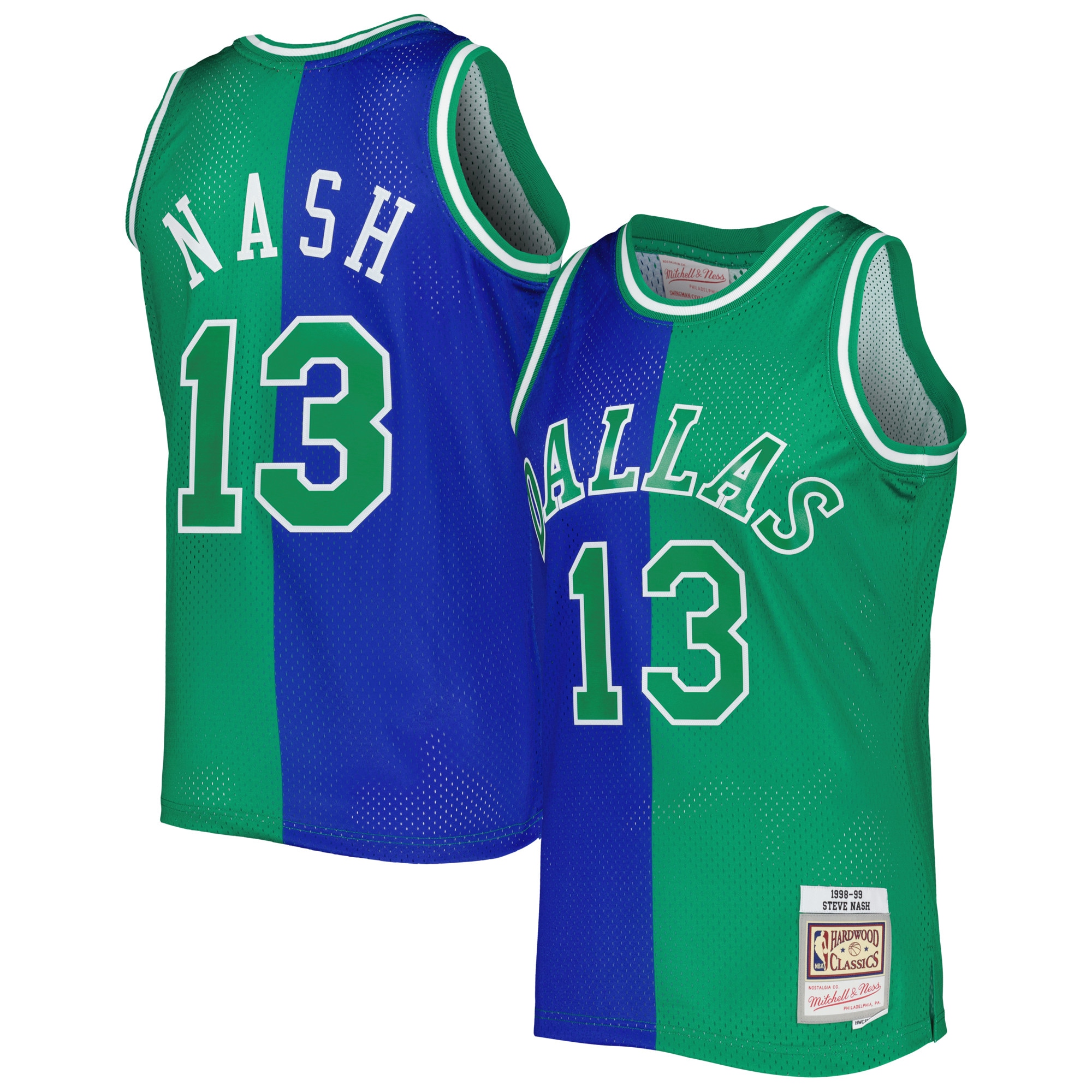 Steve Nash Dallas Mavericks Mitchell & Ness Hardwood Classics 1998/99 Split Swingman Jersey – Blue/Green