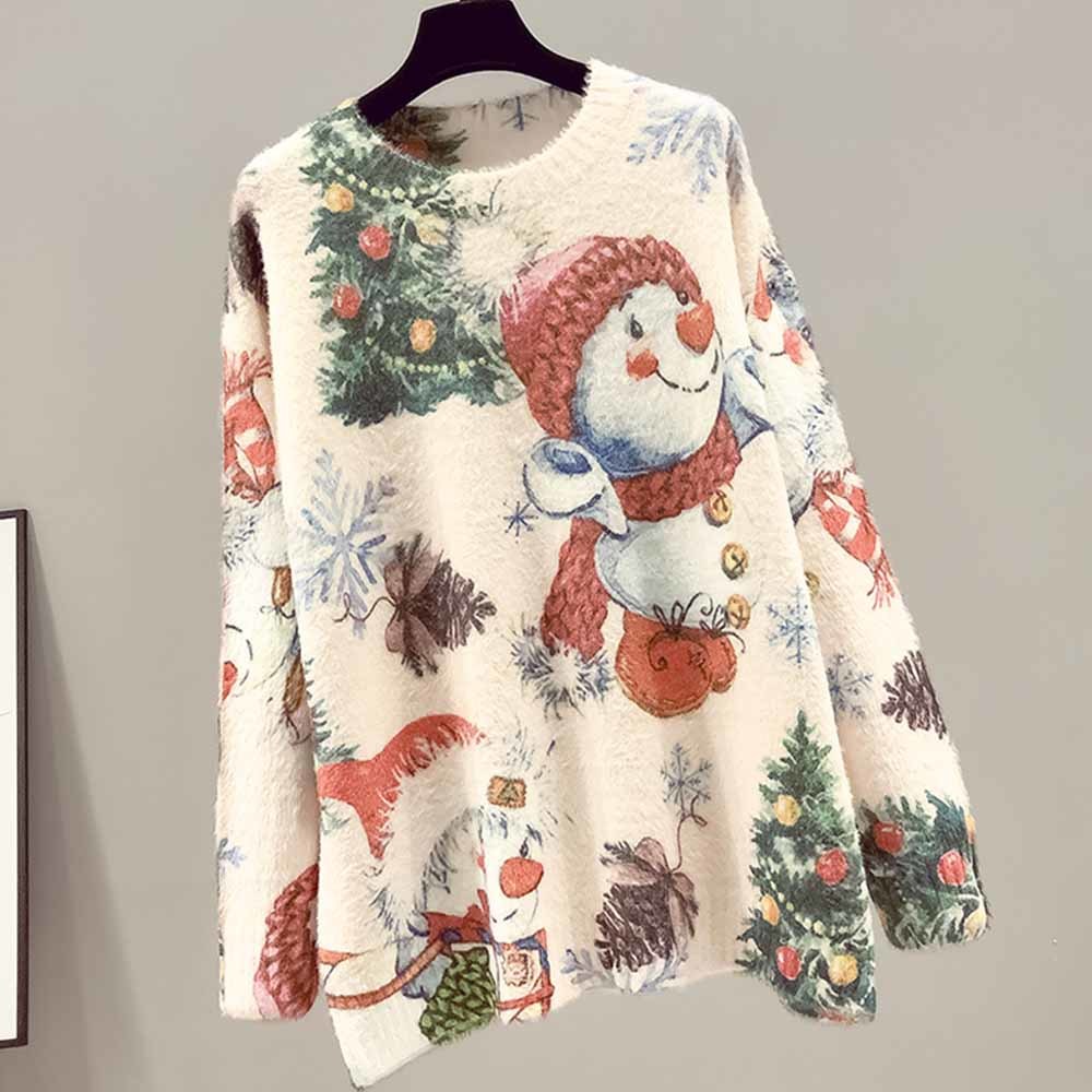 Christmas Women Sweater 2022 Fashion Knitted Print Snowman O-Neck Long Sleeve Fall Winter Warm Clothing d Female alx