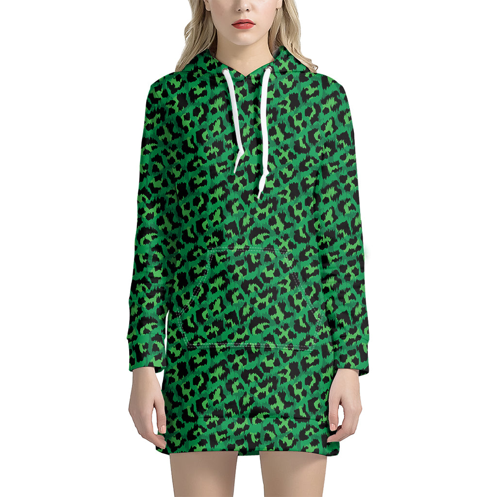 Green Leopard Print Women’S Pullover Hoodie Dress