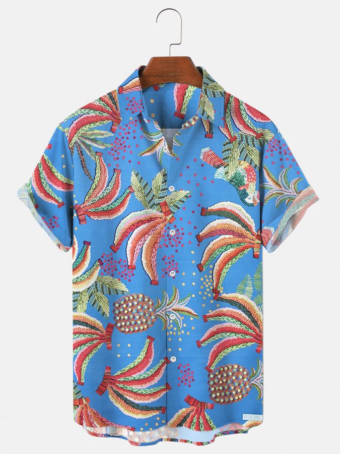 Mens Hawaii Shirt Casual Button Up Short Sleeve Blue Holiday Banana Fruits Shirts Tops Ha47499