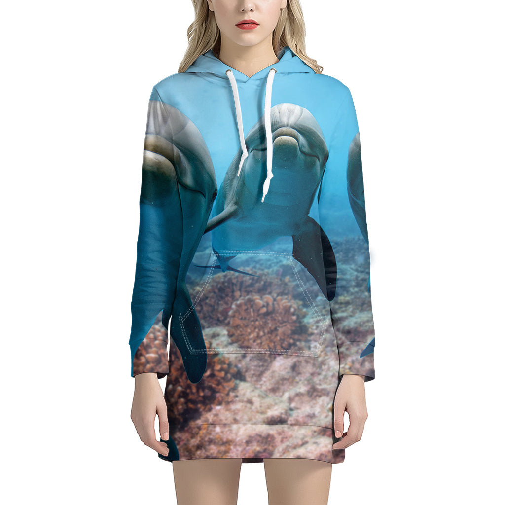 Cute Dolphins In The Ocean Print Women’S Pullover Hoodie Dress