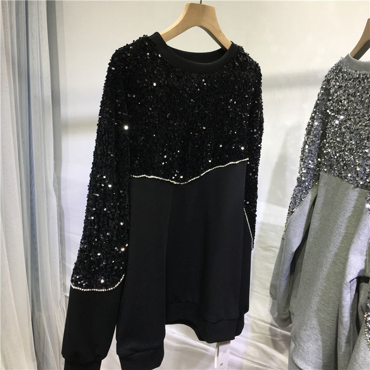 Women Sweater Hand-beaded Sequins Hoodies Pullovers O-Neck Long-sleeved Gray Sweatshirts Autumn Winter Outerwear Jumpers Tops alx