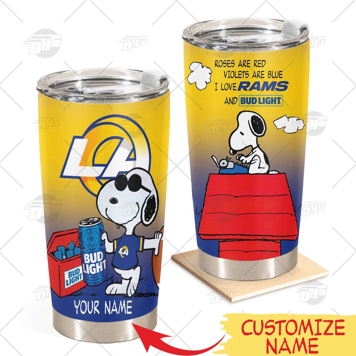 Personalized Los Angeles Rams Tumbler Snoopy Bud Light Beer Lover Stainless Steel Tumbler 20Oz 30Oz