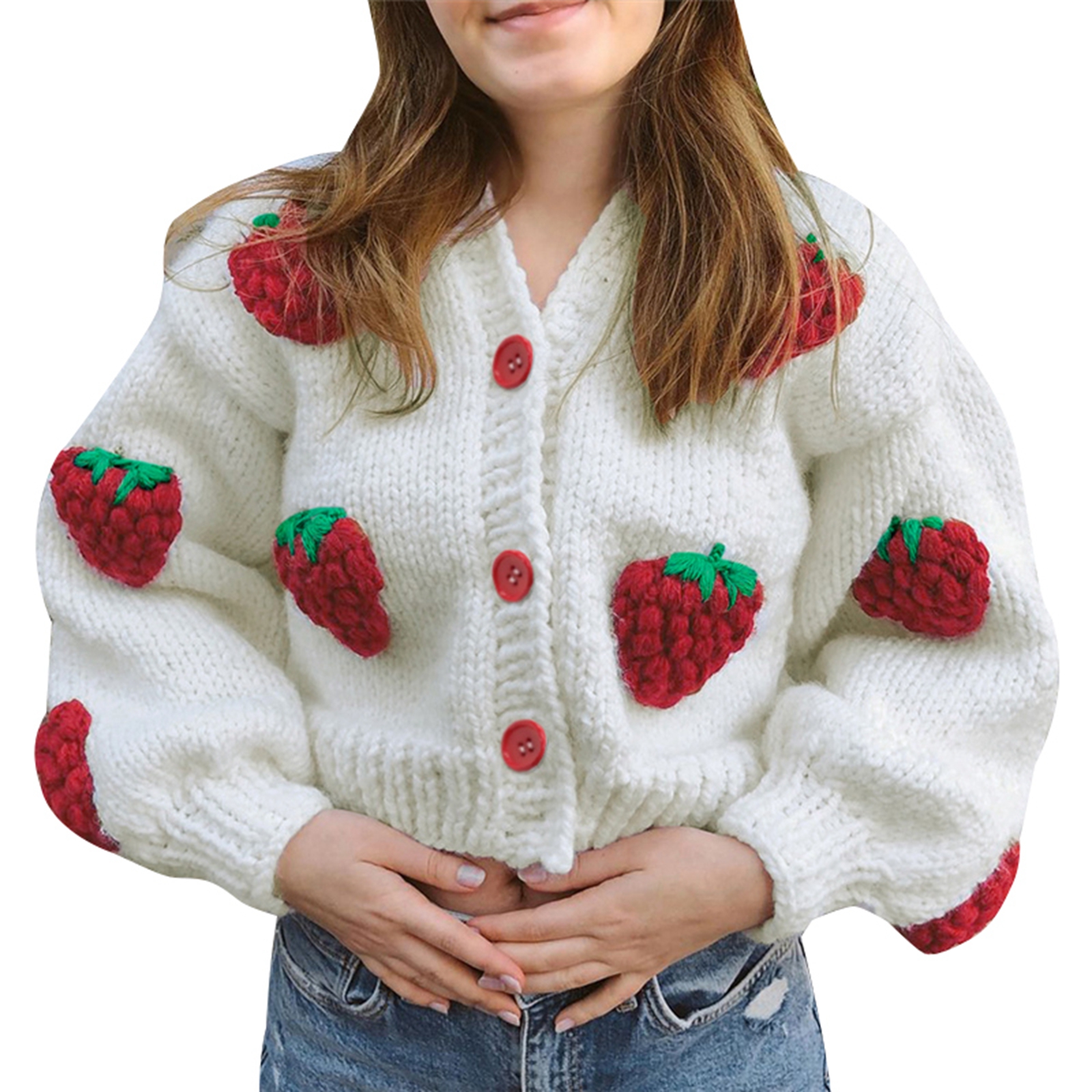 Women Button Down Sweater Cable Knit Crop Cardigan Cute Strawberry Oversized Jumper Pullover Top Knitted Coat Aesthetic Clothes alx