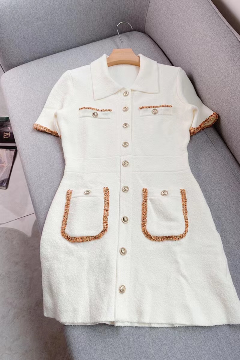 2022 New MAJ* POLO Collar Button-up Knitted Short Dress Women Contrasting Color Trim And Edges Gold Colored Buttons Mini Skirt alx