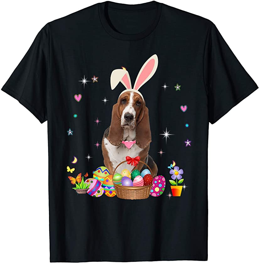 Cute Basset Hound Easter Day Bunny Eggs Easter Womens T-Shirt