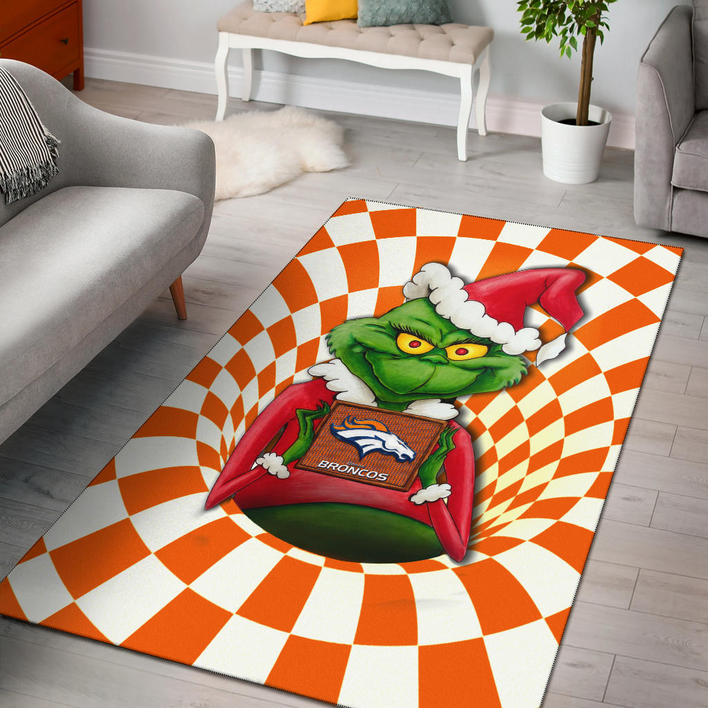 American Football Team Area Rug | Grinch Wearing Santa Clothes Holding Denver Broncos Rugs Home Decor