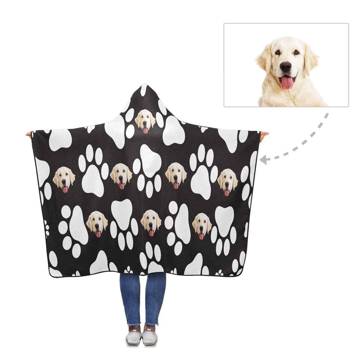 Custom Face White Dog Paw Hooded Blanket